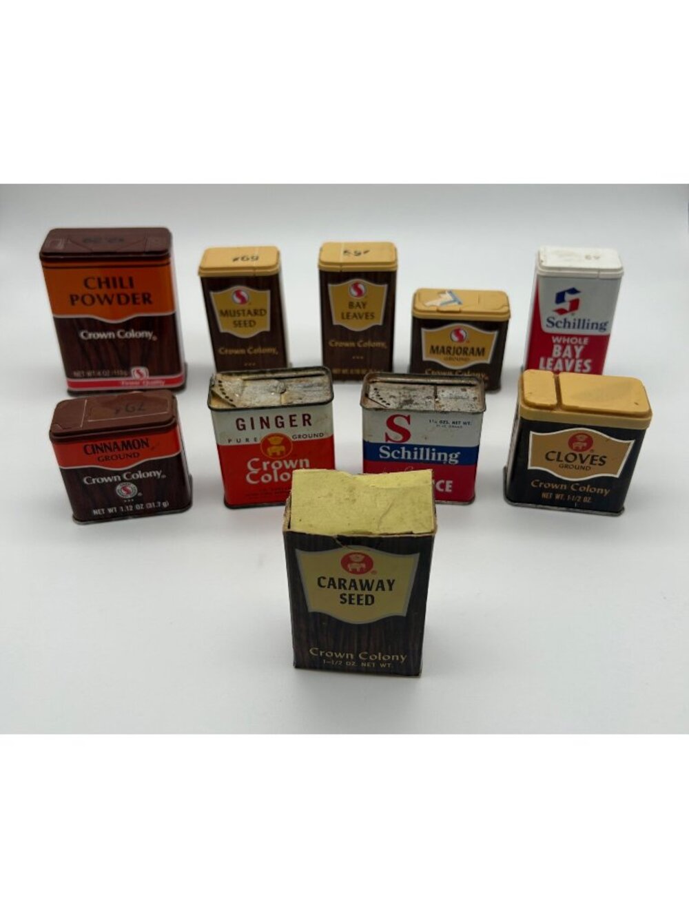 Vintage Spice Tin Box Lot Crown Colony Schilling Retro Kitchen Decor MCM 1980s